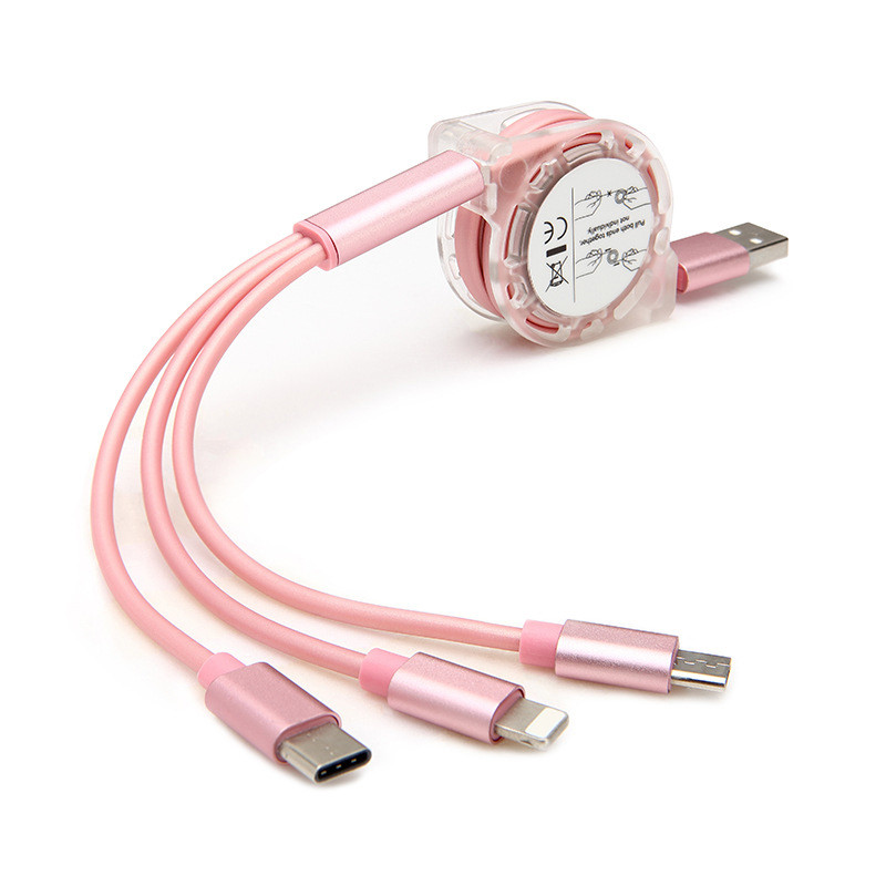 Многофункционален самонавиващ се кабел за мобилни устройства Android и iOS - TYPE C, Micro USB и LIghting в розов цвят