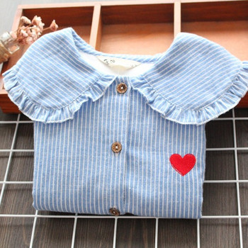 Нов модел детска раирана блуза с копчета за момичета в син цвят