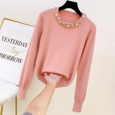 Γυναικείο πουλόβερ με στρογγυλη λαιμόκοψη και πέρλες σε τέσσερα χρώματα