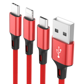 Многофункционален кабел за зареждане на Android и IOS -TYPE-C, Micro USB, Lighting в червен цвят
