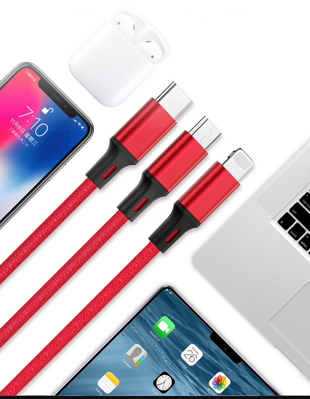 Многофункционален кабел за зареждане на Android и IOS -TYPE-C, Micro USB, Lighting в червен цвят