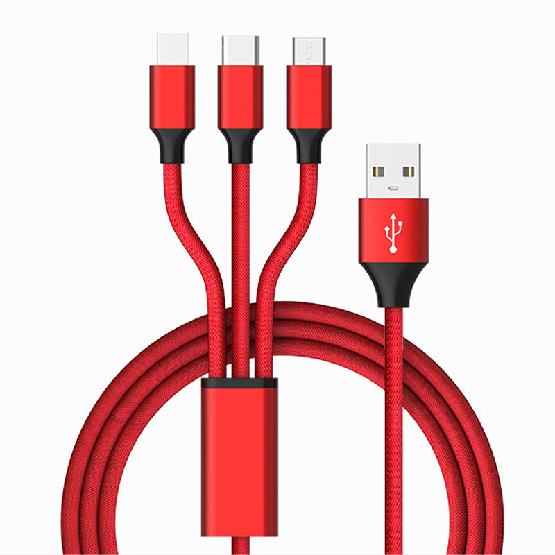 Многофункционален кабел за зареждане на Android и IOS -TYPE-C, Micro USB, Lighting в червен цвят