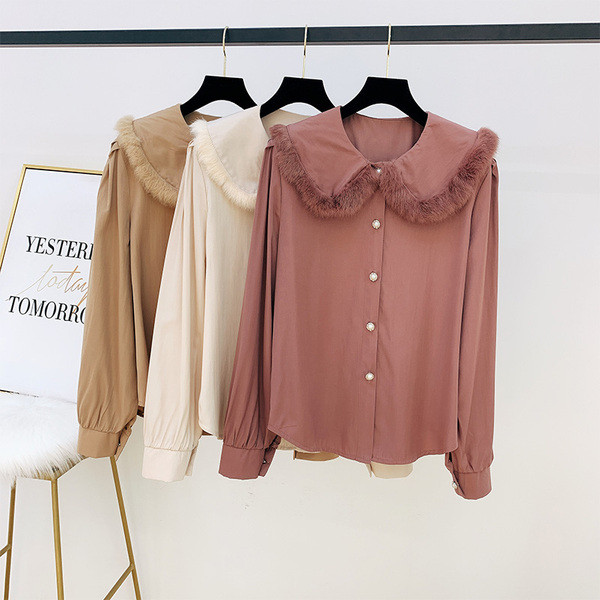 Cămașă elegantă de damă cu puf pe guler în mai multe culori