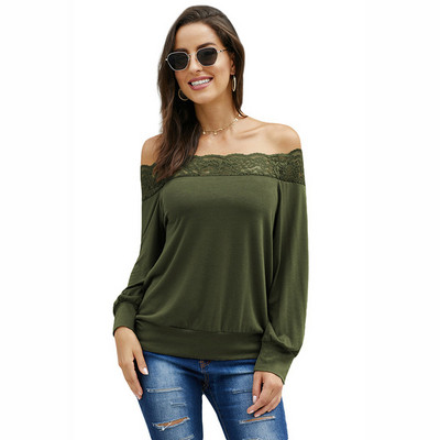 Γυναικεία casual μπλούζα με δαντέλα και γυμνά ώμους σε πράσινο χρώμα