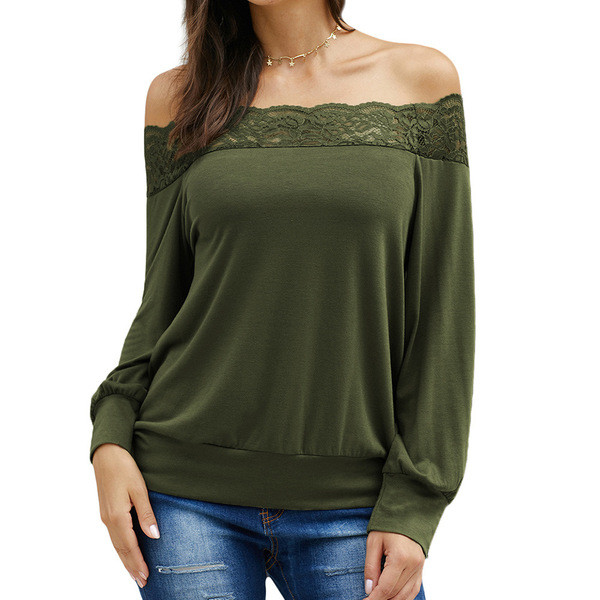 Γυναικεία casual μπλούζα με δαντέλα και γυμνά ώμους σε πράσινο χρώμα