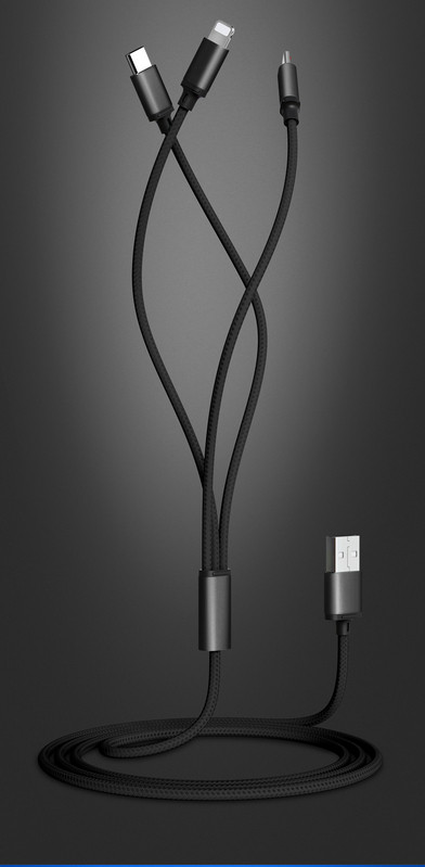 Многофункционален кабел за зареждане на Android и IOS -TYPE-C, Micro USB, Lighting в черен цвят