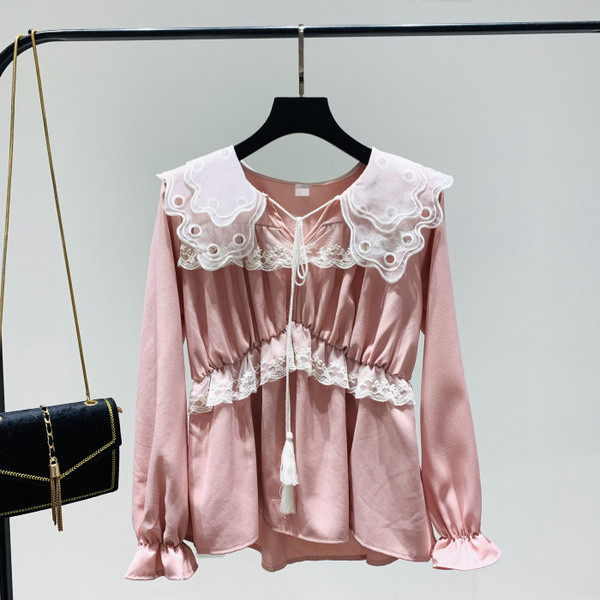 Γυναικεία μοντέρνα μπλούζα με δαντέλα σε ροζ και κίτρινο χρώμα