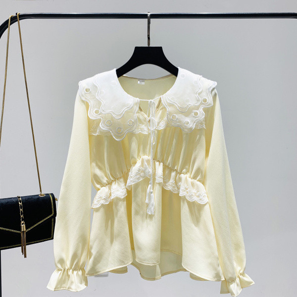 Γυναικεία μοντέρνα μπλούζα με δαντέλα σε ροζ και κίτρινο χρώμα