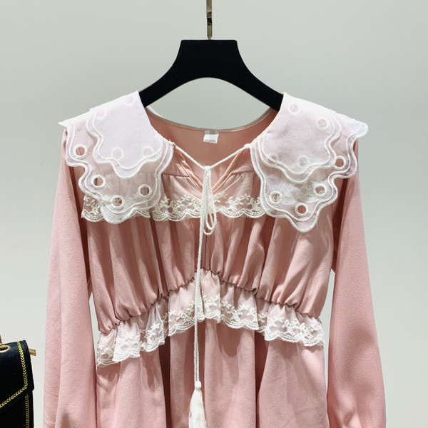 Γυναικεία μοντέρνα μπλούζα με δαντέλα σε ροζ και κίτρινο χρώμα