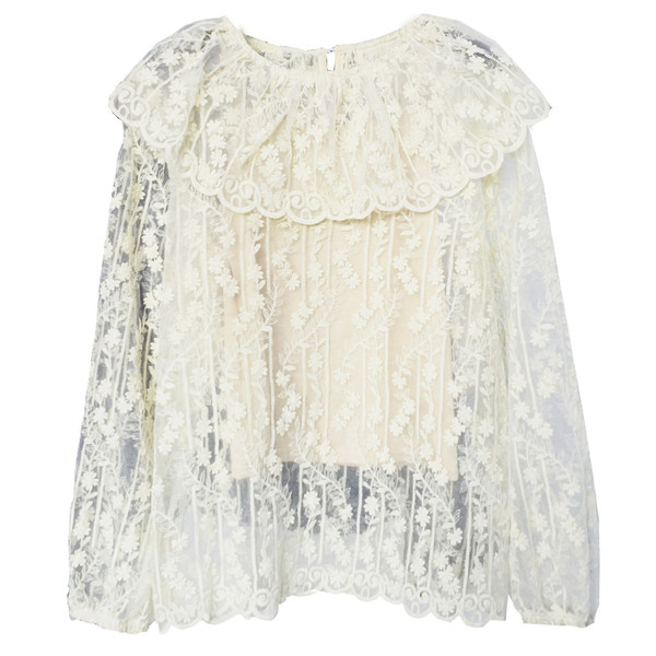 Bluză de damă din dantelă cu mâneci lungi în negru, alb și bej