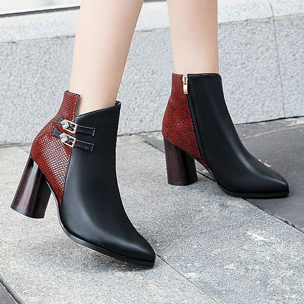 Cizme de dama elegante cu toc gros si model animal este alb si rosu