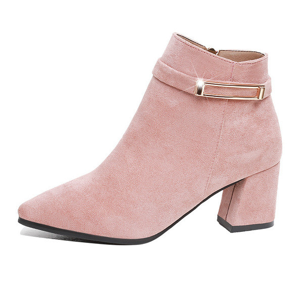 Елегантни дамски боти с дебел ток и метален елемент в розов,черен и кафяв цвят 