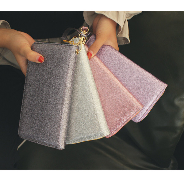 Γυναικείο πορτοφόλι  με λαμπερά  στοιχεία σε γκρι, μοβ και ροζ χρώμα