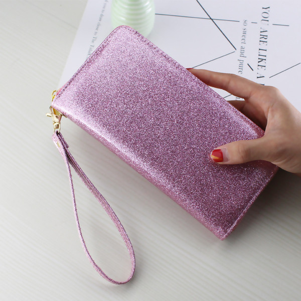 Γυναικείο πορτοφόλι  με λαμπερά  στοιχεία σε γκρι, μοβ και ροζ χρώμα