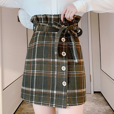 Fusta dama in carouri model nou cu centura si nasturi - talie inalta