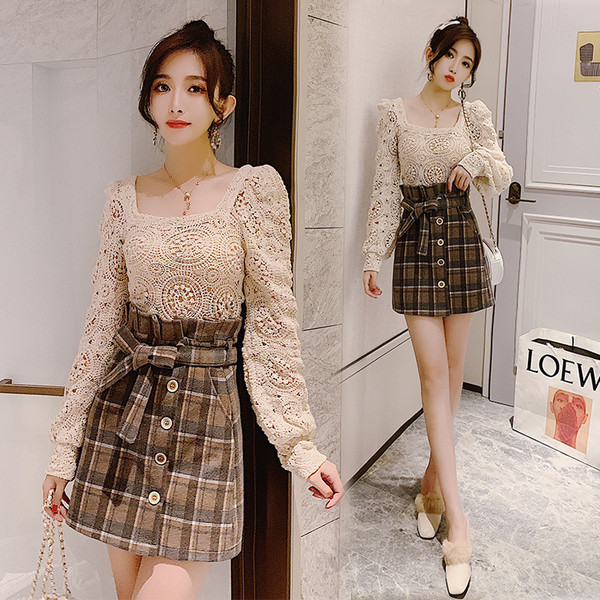 Fusta dama in carouri model nou cu centura si nasturi - talie inalta