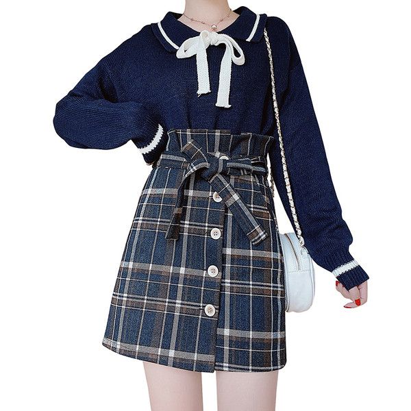 Fusta dama in carouri model nou cu centura si nasturi - talie inalta