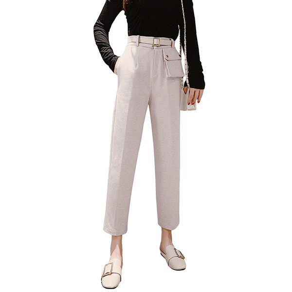 Modern női nadrág magas derékkal és övvel