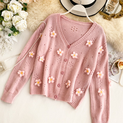 Cardigan dama cu elemente 3D flori in doua culori