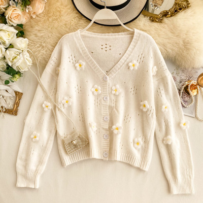 Cardigan dama cu elemente 3D flori in doua culori