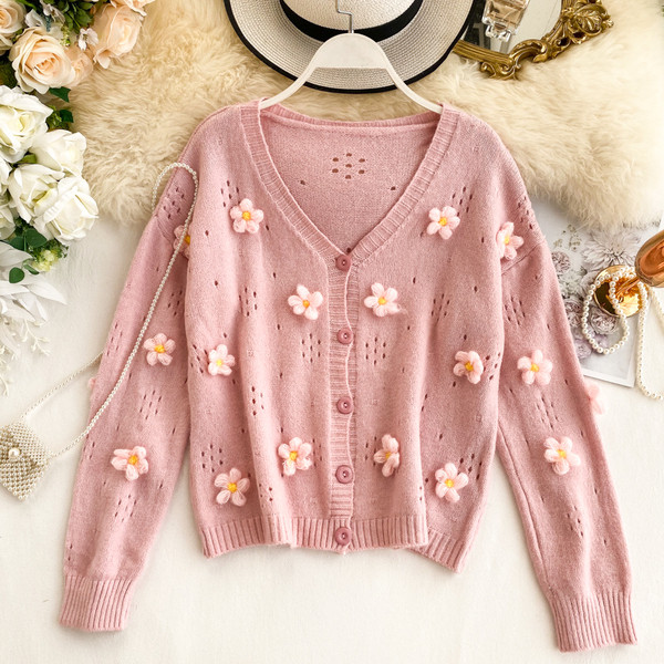 Cardigan dama cu elemente 3D flori in doua culori