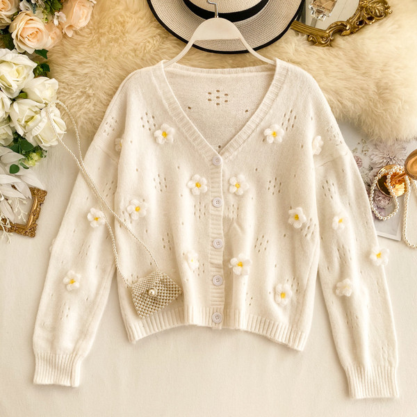 Cardigan dama cu elemente 3D flori in doua culori