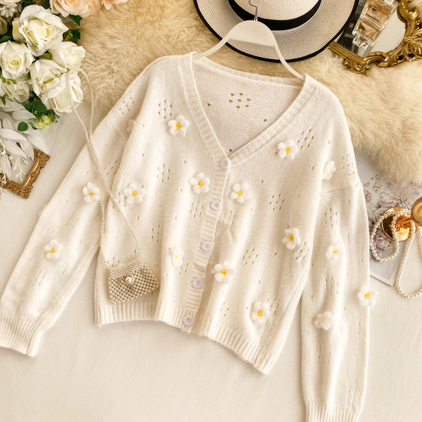 Cardigan dama cu elemente 3D flori in doua culori