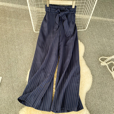 Pantaloni moderni de dama in dungi cu talie inalta si curea