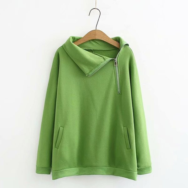 Hanorac casual de dama de marime mare cu fermoar in negru si verde