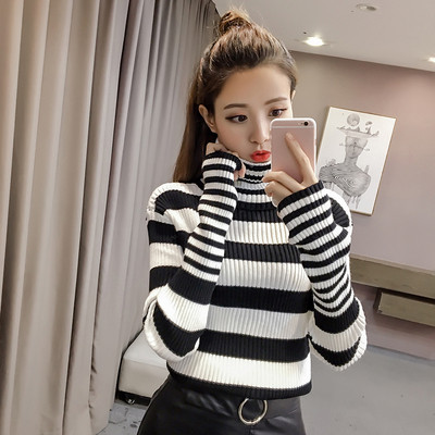 Νέο μοντέλο γυναικείο ριγέ πουλόβερ με ψηλό κολάρο 
