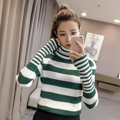 Νέο μοντέλο γυναικείο ριγέ πουλόβερ με ψηλό κολάρο 