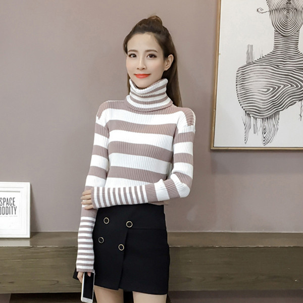 Νέο μοντέλο γυναικείο ριγέ πουλόβερ με ψηλό κολάρο 
