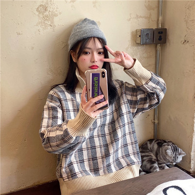 Pulover de dama lung in carouri in doua culori