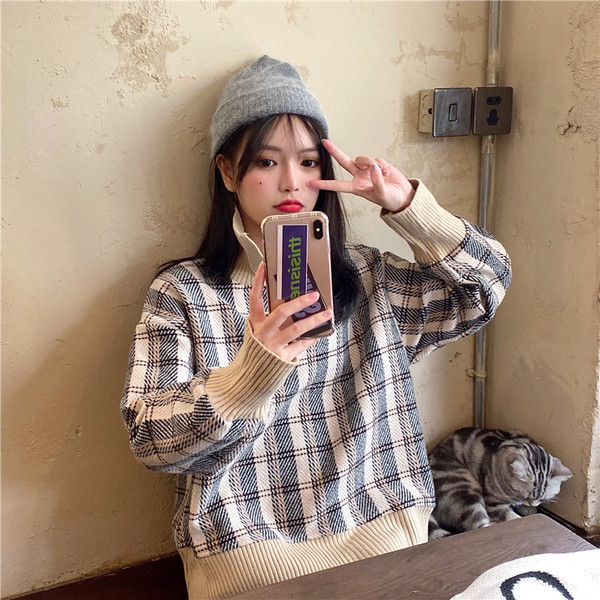 Pulover de dama lung in carouri in doua culori