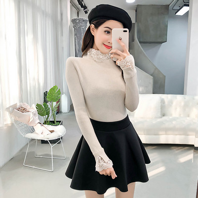 Μοντέρνο γυναικείο πουλόβερ με κολάρο και δαντέλα σε διάφορα χρώματα