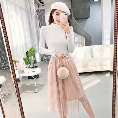 Μοντέρνο γυναικείο πουλόβερ με κολάρο και δαντέλα σε διάφορα χρώματα