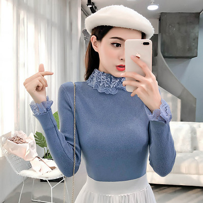 Μοντέρνο γυναικείο πουλόβερ με κολάρο και δαντέλα σε διάφορα χρώματα