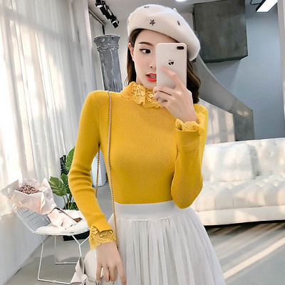 Μοντέρνο γυναικείο πουλόβερ με κολάρο και δαντέλα σε διάφορα χρώματα