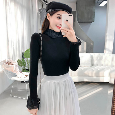 Μοντέρνο γυναικείο πουλόβερ με κολάρο και δαντέλα σε διάφορα χρώματα