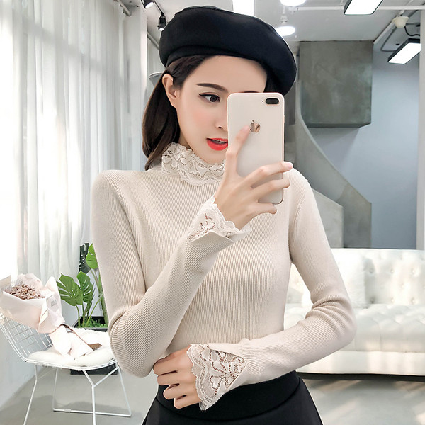 Μοντέρνο γυναικείο πουλόβερ με κολάρο και δαντέλα σε διάφορα χρώματα