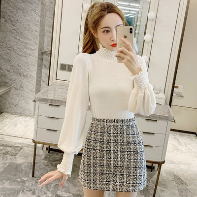 Μοντέρνα γυναικεία μπλούζα με ψηλό κολάρο  σε καφέ, μαύρο και άσπρο χρώμα