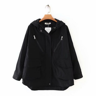 Modern női őszi kabát cipzárral és kapucnival, kék és fekete színben