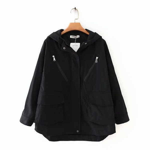 Modern női őszi kabát cipzárral és kapucnival, kék és fekete színben