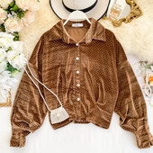 Cămașă de damă elegantă din catifea cu nasturi în maro și negru