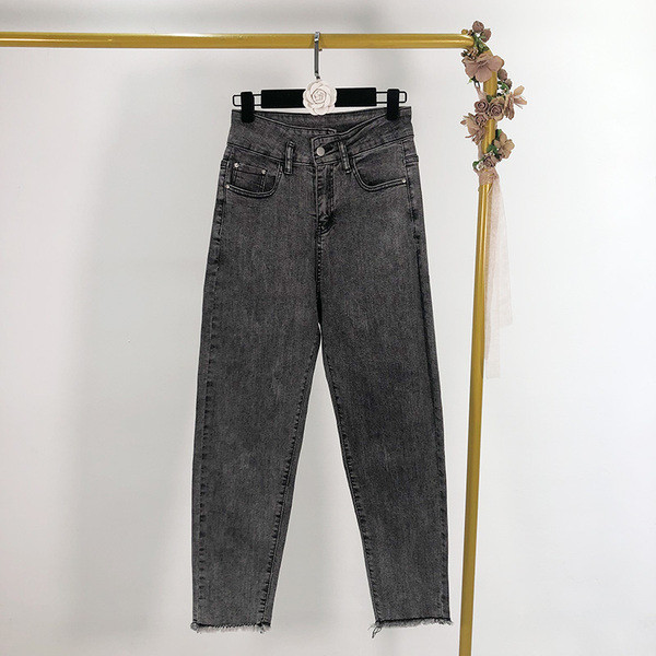 Blugi de dama in albastru si negru cu talie inalta - model larg