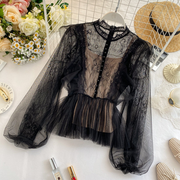 Bluză de damă modernă din dantelă, cu mâneci lungi și largi, cu decolteu oval, de culoare neagră