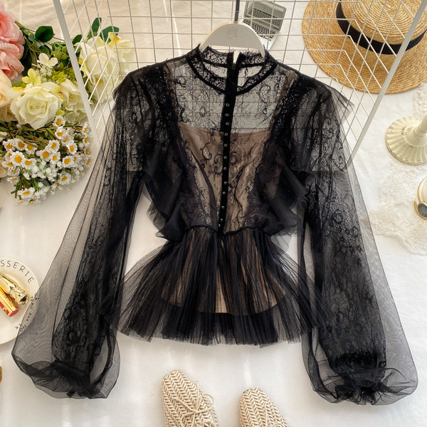 Bluză de damă modernă din dantelă, cu mâneci lungi și largi, cu decolteu oval, de culoare neagră