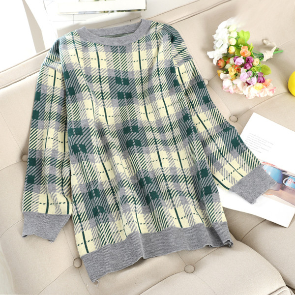 Pulover dama in carouri model larg in gri si portocaliu