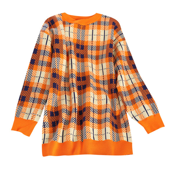 Pulover dama in carouri model larg in gri si portocaliu