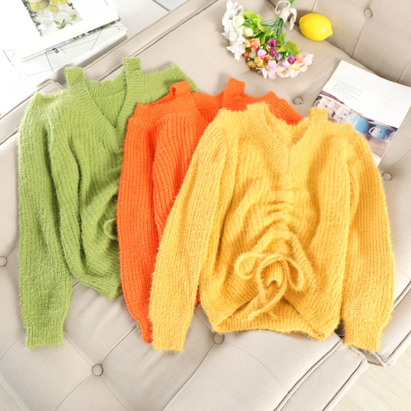 Modern női pulóver csupasz váll és nyakkendő több színben